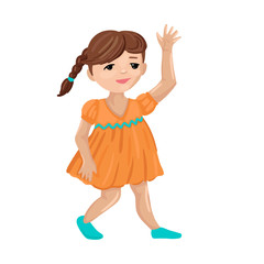 The girl goes and waves her hand, welcomes. Vector character