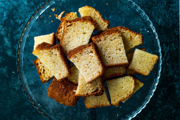 Homemade Lemon Pound Cake Slices on Glass Tray. Ready to Serve.