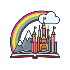 Fairy tale concept. Isolated castle, rainbow and mountains in a book vector illustration