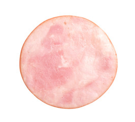 Slice of tasty fresh ham isolated on white, top view