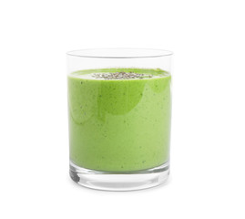 Tasty fresh kale smoothie on white background