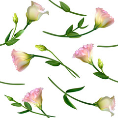 Pink flowers. Floral background. Seamless pattern. Eustoma. Green leaves. Vector illustration.