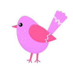 Vector graphics. Adorable, cute, simple illustration of pink bird. Spring bird template. Cartoon illustration. 