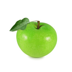 Fresh green apple with leaf isolated on white background     