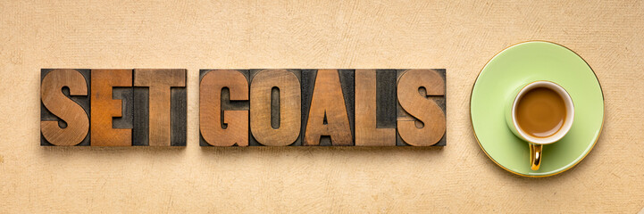 set goals banner in letterpresss wood type