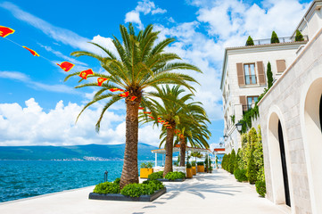 Beautiful sea promenade in Tivat, Montenegro. Kotor bay, Adriatic sea. Famous travel destination. - obrazy, fototapety, plakaty