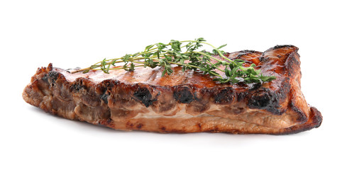 Tasty grilled ribs with thyme isolated on white