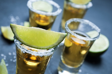 Mexican Tequila shots with salt and lime slices on grey table, closeup