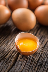Fresh raw eggs on rustic wooden table