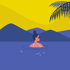 Young female character swimming in the sea, holidays in a tropical climate, lifestyle