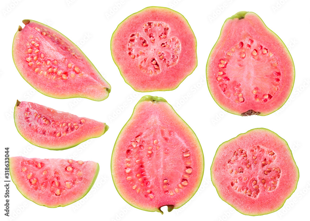 Poster isolated cut guava fruits. pieces of green pink fleshed guavas isolated on white background with cli