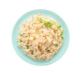 Delicious risotto with cheese isolated on white, top view