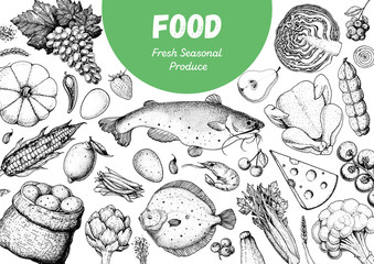 Food frame sketch. Vector illustration. Vegetables, fruits, meat hand drawn. Organic food set. Good nutrition pattern. Hand drawn food design elements.
