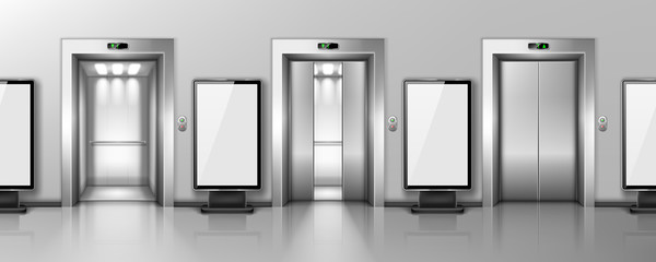 Blank billboards and elevator doors in office hallway. Vector realistic empty lobby interior with open and closed lift doors and LCD screen floor stands. Horizontal seamless background © klyaksun