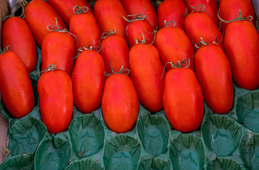 Organic vegetable stall at a farmers market and selling fresh vegetables. Ripe tomatoes in a box.