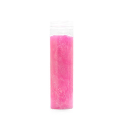 Pink slime in a jar. Close up. Isolated on a white background