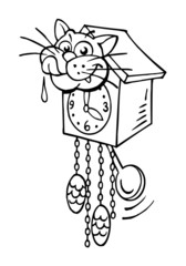 Cuckoo clock and sweet cat ate cuckoo bird black and white cartoon