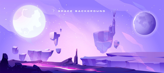 Space background with landscape of alien planet with craters and lighted crack. Vector cartoon fantasy illustration of purple galaxy sky with moon and ground surface with rocks © klyaksun