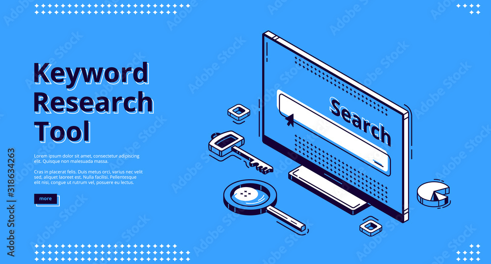 Poster keyword research tool isometric landing page. key, magnifying glass and pie chart randomly lying aro