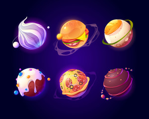 Food planets in outer space. Vector cartoon funny set of spheres with donut, pizza, chocolate candy, burger and fried egg texture. Comic set of fantasy tasty galaxy world