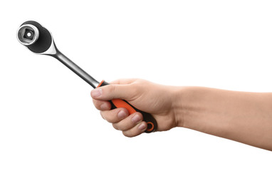 Auto mechanic holding socket wrench isolated on white, closeup