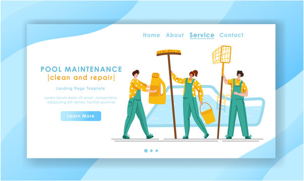 Landing page - Pool maintenance or cleaning service, group of miniature people in uniform, cleaning products for swimming pool, workers with equipment - test water, net, broom, flat vector for website