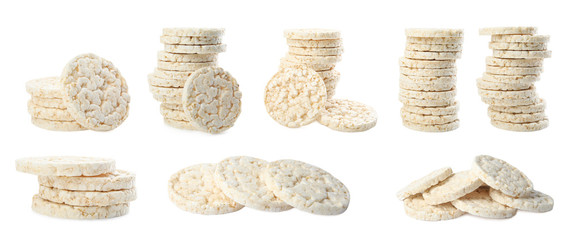 Set of puffed rice cakes on white background - Powered by Adobe