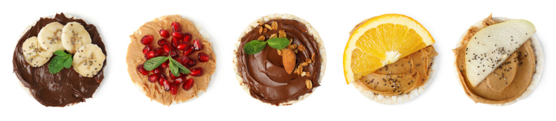 Set of puffed rice cakes with different ingredients on white background, top view. Banner design