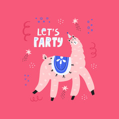 Party llama flat vector illustration with typography