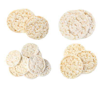 Set of puffed rice cakes on white background, top view