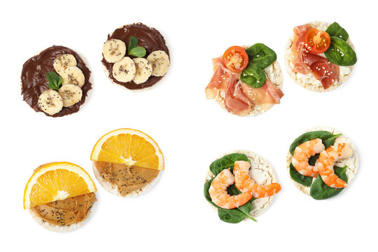Set of puffed rice cakes with different ingredients on white background, top view