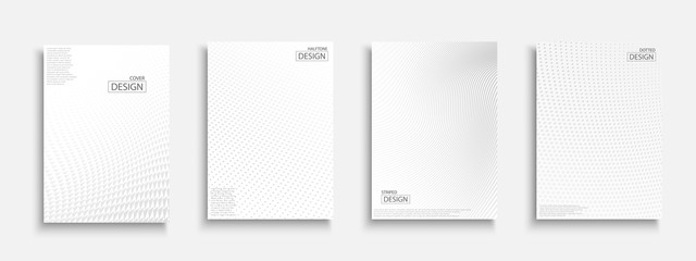 Abstract halftone futuristic templates, posters, placards, brochures, banners, flyers, backgrounds and etc. White and gray textures. Dotted and striped minimalistic contemporary covers