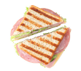 Tasty sandwich with ham on white background, top view