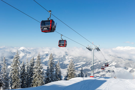 KITZBUHEL, AUSTRIA - JANUARY 20, 2020 : Fleckalmbahn ski gondola an improved cable car opened in December 2019 to transport visitors to the Kitzski area.