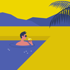 Hot sunny summer weather, young male character swimming in a pool and drinking a coconut water