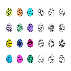 Set of 12 color Easter eggs and 12 outline version, vector hand-drawn eggs, EPS 8