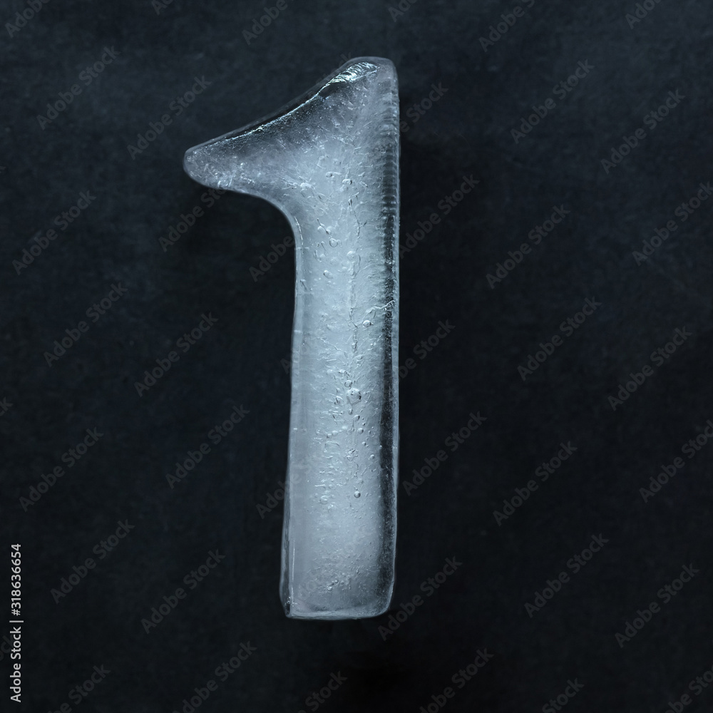 Poster melting. numeric value, numbers made out of shiny and well-structured ice isolated on dark studio ba
