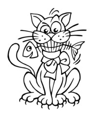 Cute cat with fish bone in teeth laughs, black and white cartoon joke