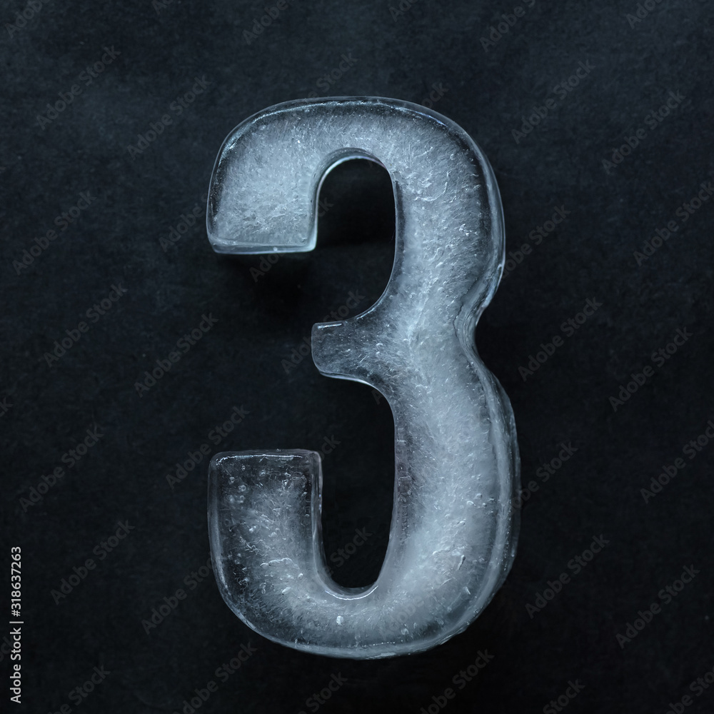 Poster melting. numeric value, numbers made out of shiny and well-structured ice isolated on dark studio ba