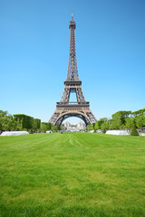 Eiffel Tower in Paris, France with Park Champ de Mars without people
