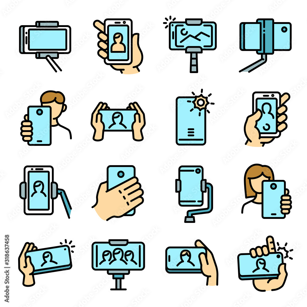 Poster selfie icons set. outline set of selfie vector icons for web design isolated on white background