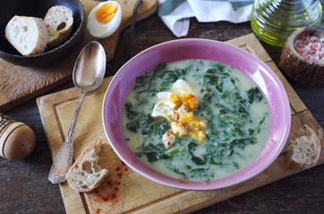 Spinach cream soup with egg, bread and olive oil - 318637612