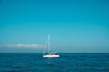 people on sailboat on ocean, sailing boat on horizon -