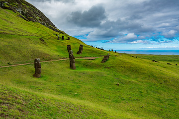 Crooked Moais in the quarry, Rapa Nui island