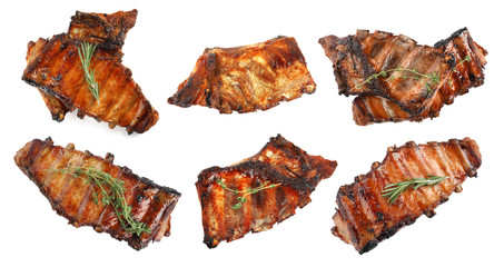 Set of delicious roasted ribs on white background, top view © New Africa