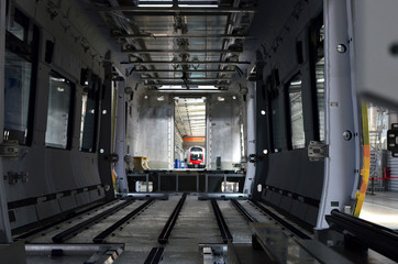 Inside of the rail car assembly plant. Industrial workshop for the production of high speed trains....