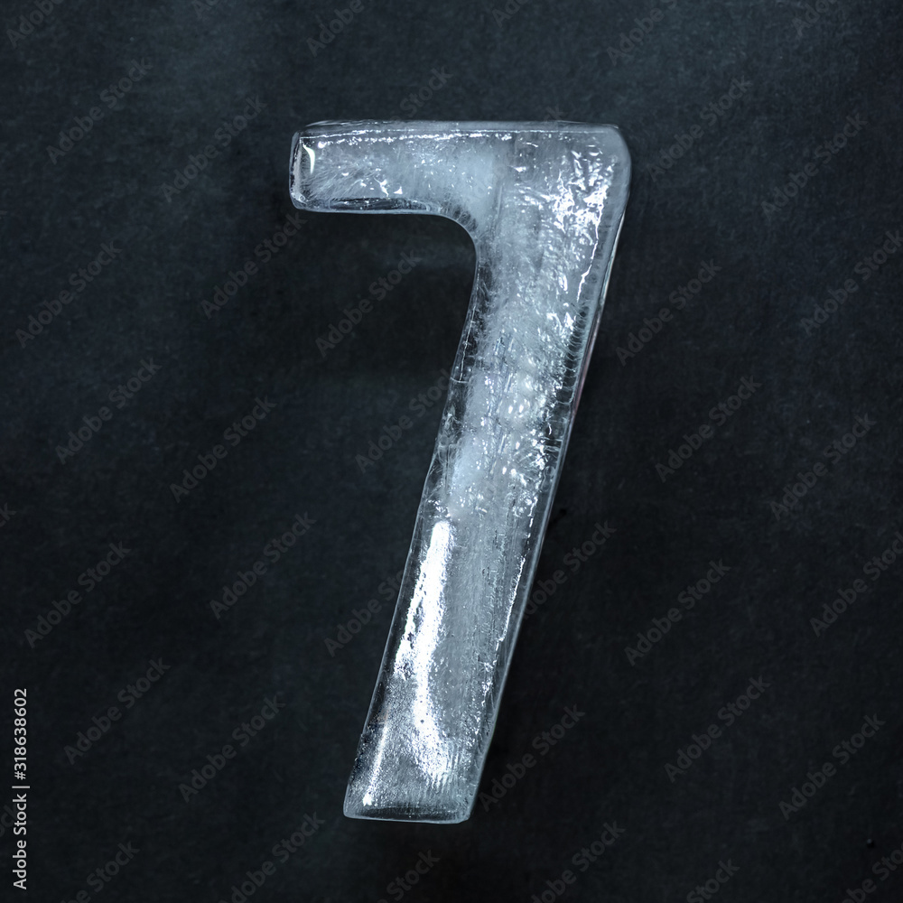 Poster melting. numeric value, numbers made out of shiny and well-structured ice isolated on dark studio ba