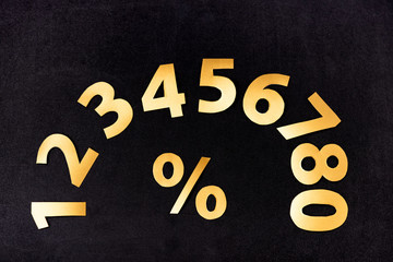 top view of golden numbers and percent sign on black background