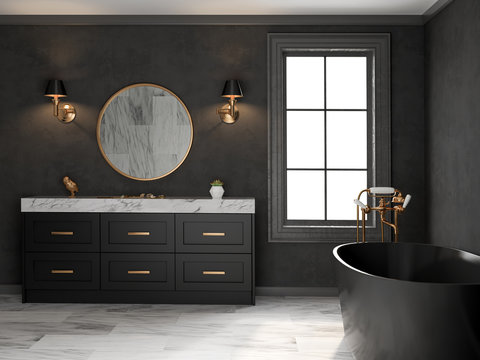 Interior black bathroom classic style 3D rendering