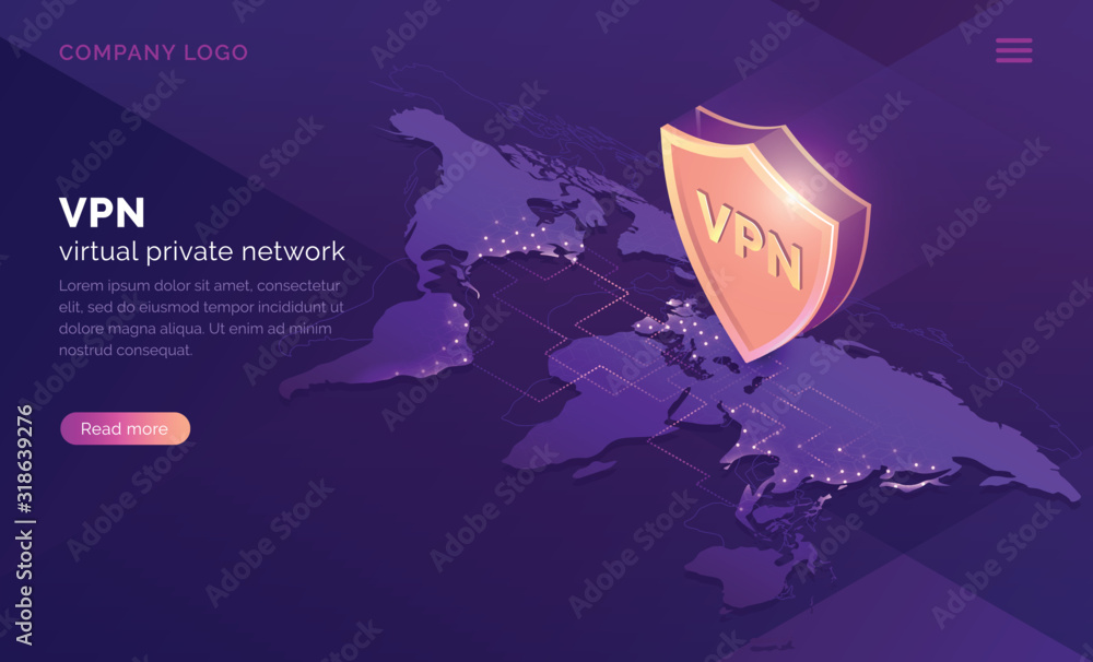 Poster vpn, virtual private network isometric landing page. data encryption, ip substitute, secure connecti